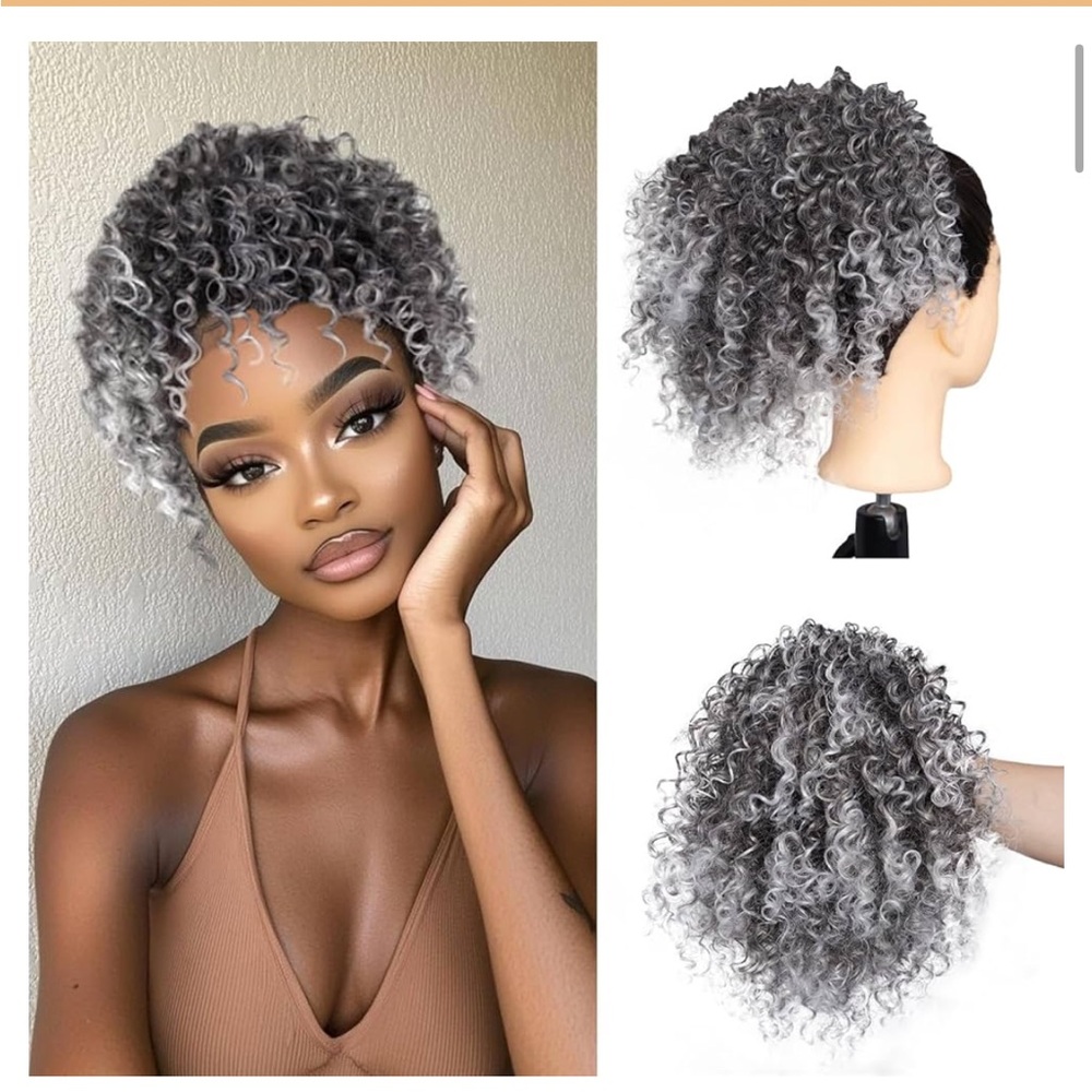 Grey Ombre Curly Drawstring Ponytail Extension Synthetic Gray Short Curly